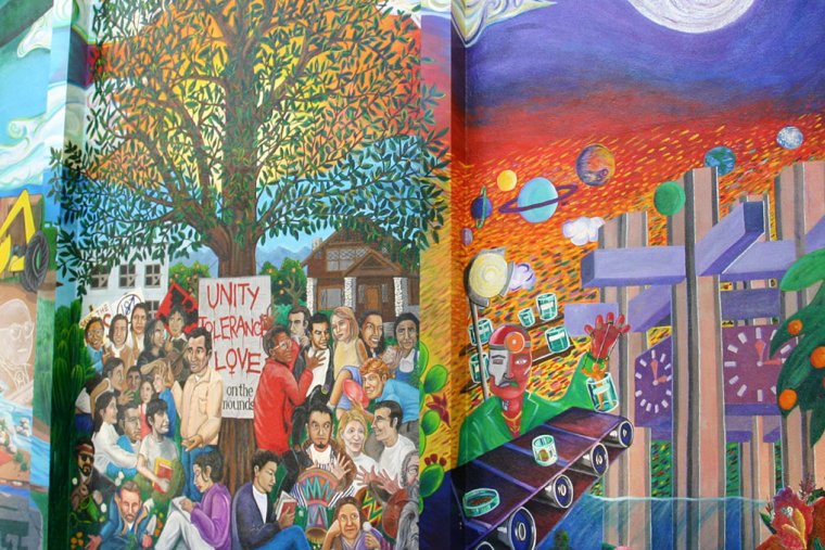 view of past, present-future colorful mural in Avery's lobby