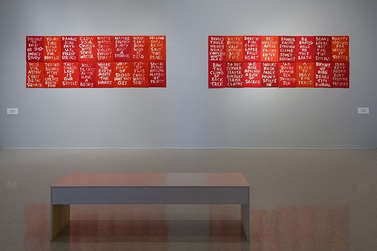 Installation view of Edgar heap of Birds: Defend Sacred Mountains at Pitzer College Art Galleries, January 20–March 29, 2018. Photograph courtesy of Ruben Diaz.