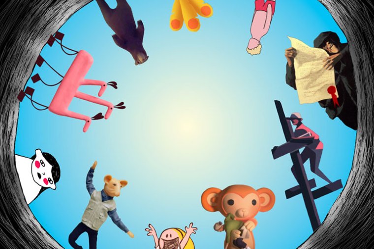 a variety of animated figures look into a tunnel