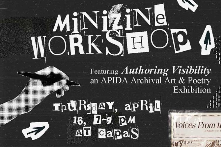 flyer for a zine workshop with cut out letters and a black and white hand. Text on the flyer included in the body of the web page.