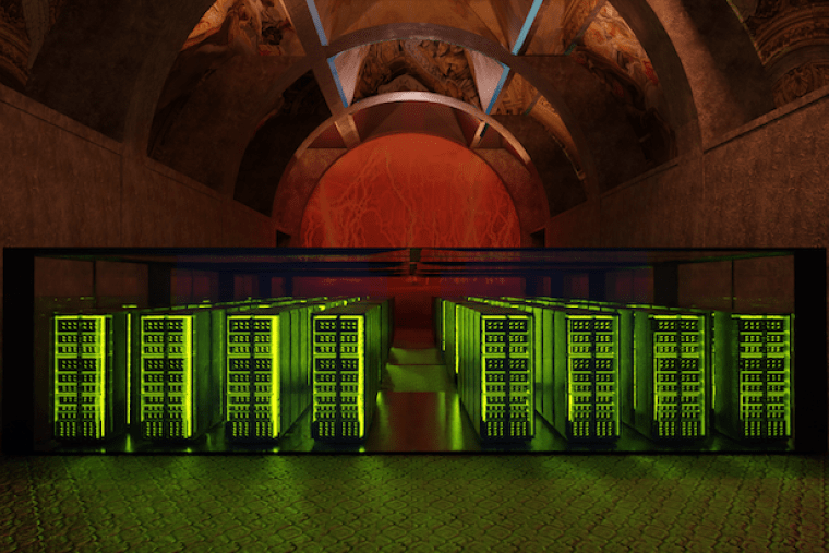Rows of computer servers glowing green in cavernous space