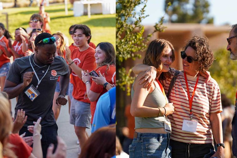 a new student dances down the the welcome line and a student and her family gather on the mounds
