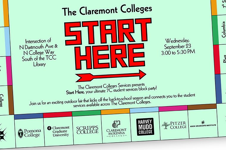 a monopoly board game with the title "Start Here" and the logos of the 7C colleges. Info on flyer included in the body of the page.