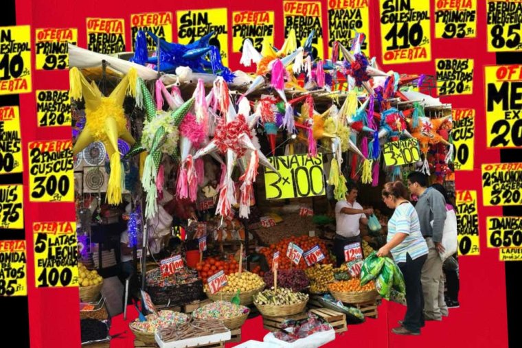a collage with a red background with yellow sale signs and a photo of a market stall layered on top. 