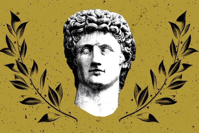 a roman bust with laurel leaves on either side against a mustard background