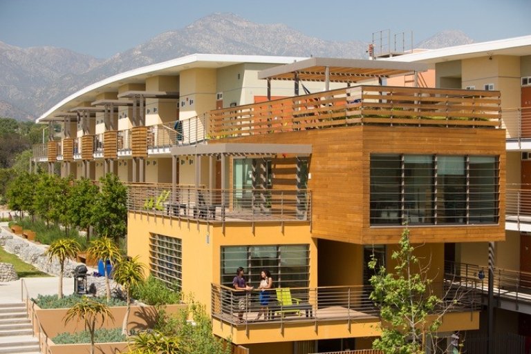 Aerial view of Pitzer's West and East residence halls.