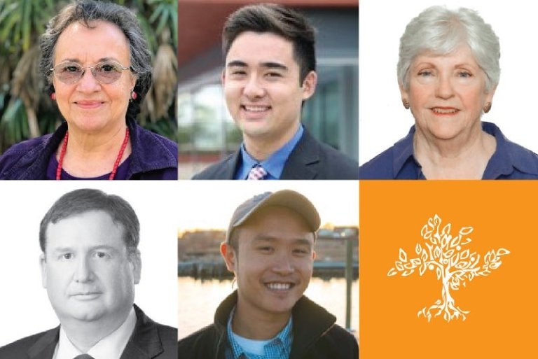 Photo grid of Angela Sanbrano, Kyle K. Dalrymple, Maggie Vizio, Mark Cunningham, Steven Liang, and the Pitzer tree logo.
