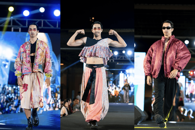 On the runway: Fulbright recipient Ben Sievers ’22 wears clothing salvaged from discarded materials found in Cambodia’s Mekong River. (Photo credit: Se7enStudioKH)