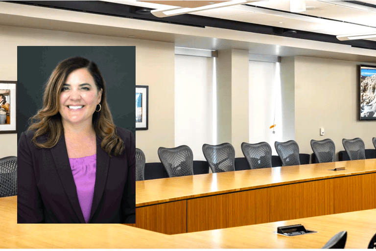 Michele Siqueiros photo inset with Pitzer boardroom