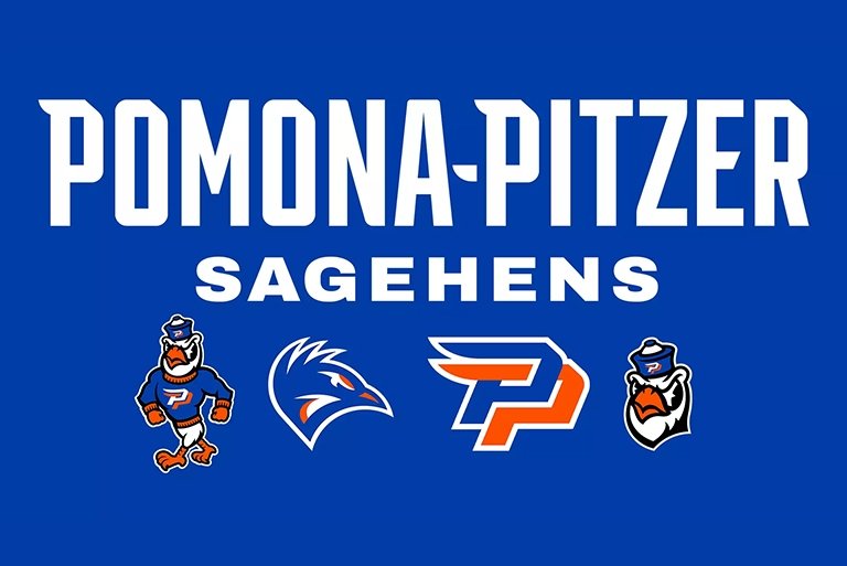 Bold white text reading Pomona-Pitzer Sagehens on a blue background with four distinct Sagehen mascot logos below.