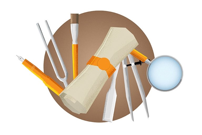 an illustration showing a pen, tune fork, paint brush, scroll, chisel, compass, and magnifying glass.