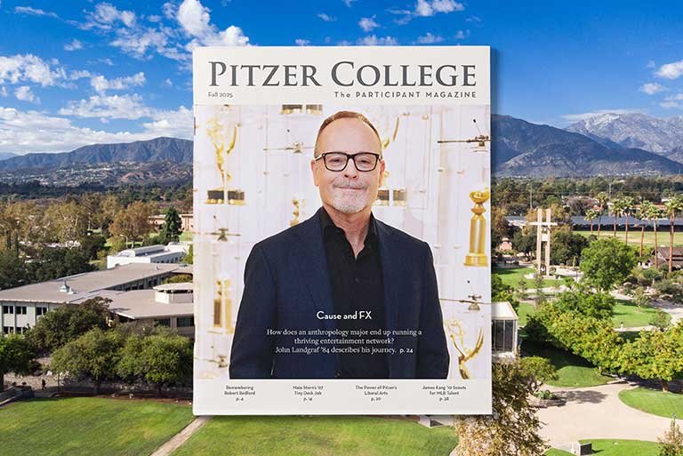 cover of the fall 2025 participant issue featuring john landgraf superimposed on a drone photo of the Pitzer College campus