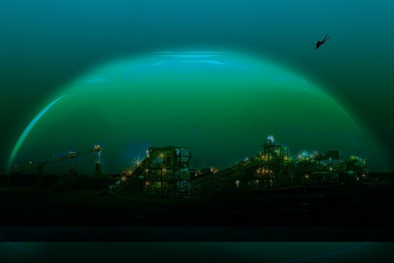 A diver swims toward an underwater factory