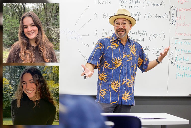 headshots of Journey Lipscomb ’24, and Sami Gottsegen ’25 collaged next to a photo of adrian pantoja teaching in a classroom