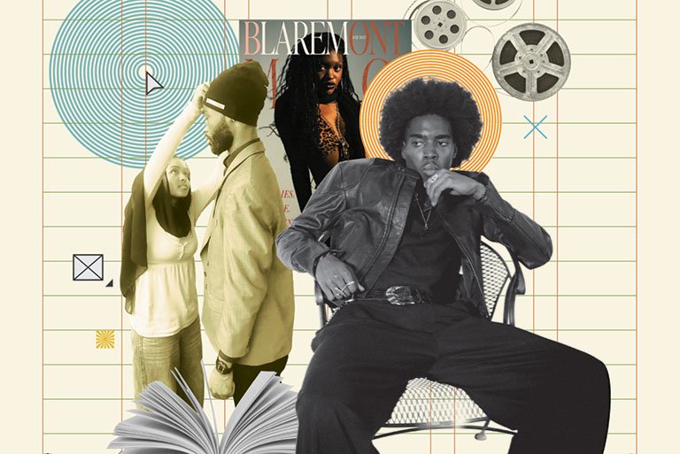 a collage of blaremont magazine images and portrait of Rahim Chilewa