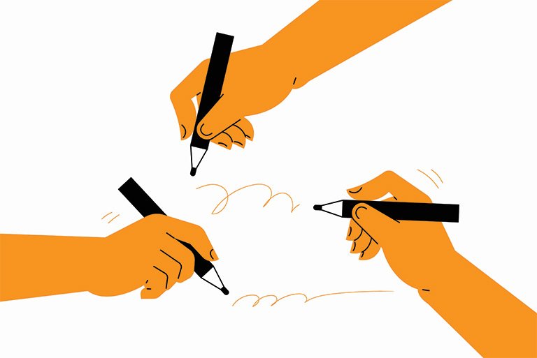 Three hands scribble on a white background