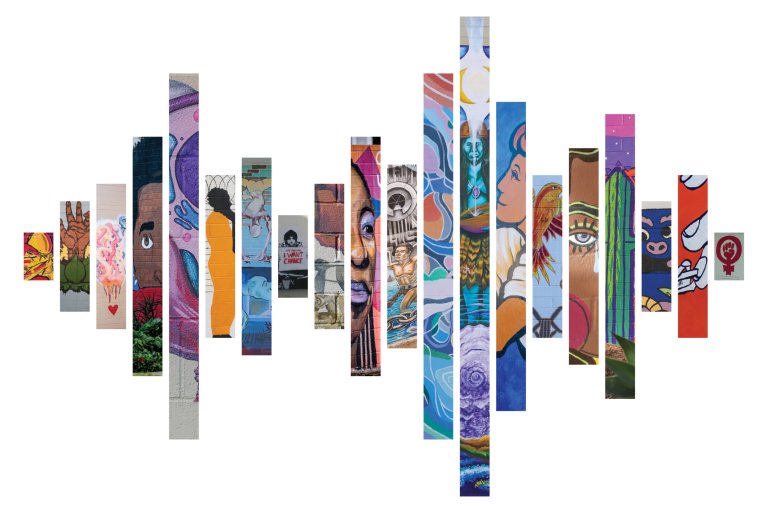 vertical lines with details of different mural paintings in each