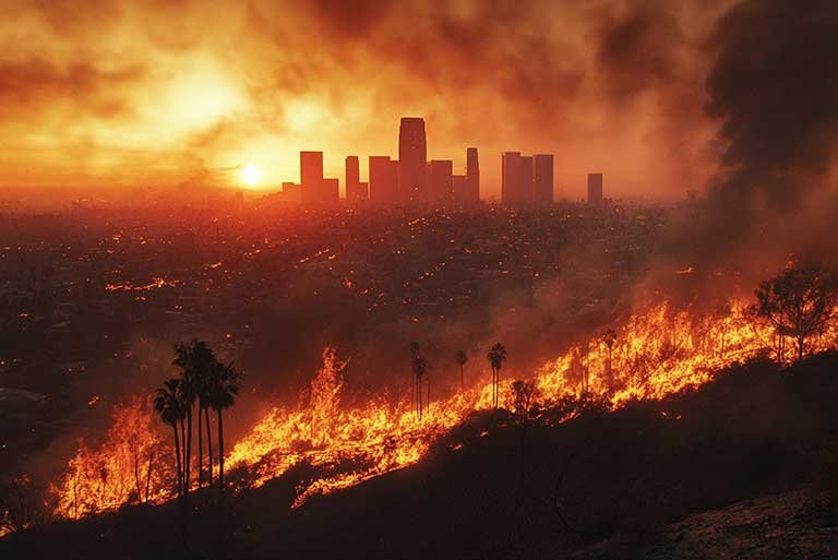 hillside wildfire with the silhouette of downtown Los Angeles in the background