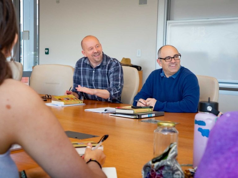 Claremont McKenna College Professor Jon Shields and Pitzer College Professor Phil Zuckerman teaching in a classroom
