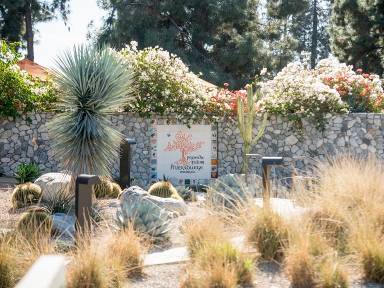 a desert landscape with a rock wall featuring sign with the words "Provida Future Pitzer College MCMIXIII"