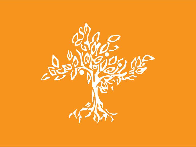 the white pitzer tree logo sits on a solid orange background