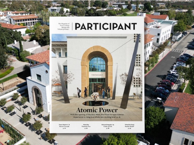 The cover of Participant magazine with a photo of the front of the Nucleus science building The cover overlays an aerial view of the Nucleus.