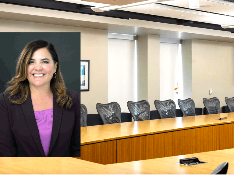 Michele Siqueiros photo inset with Pitzer boardroom