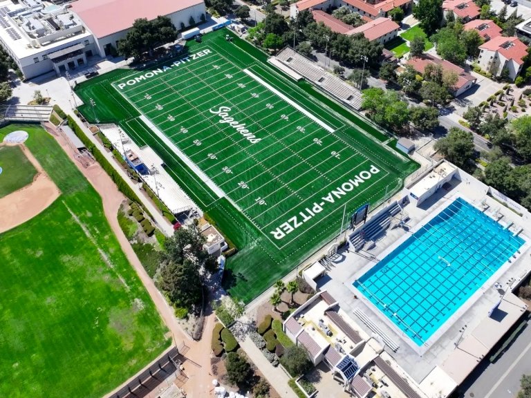 Overhead view of the Pomona-Pitzer football field, baseball field, pool, and athletic facilities.
