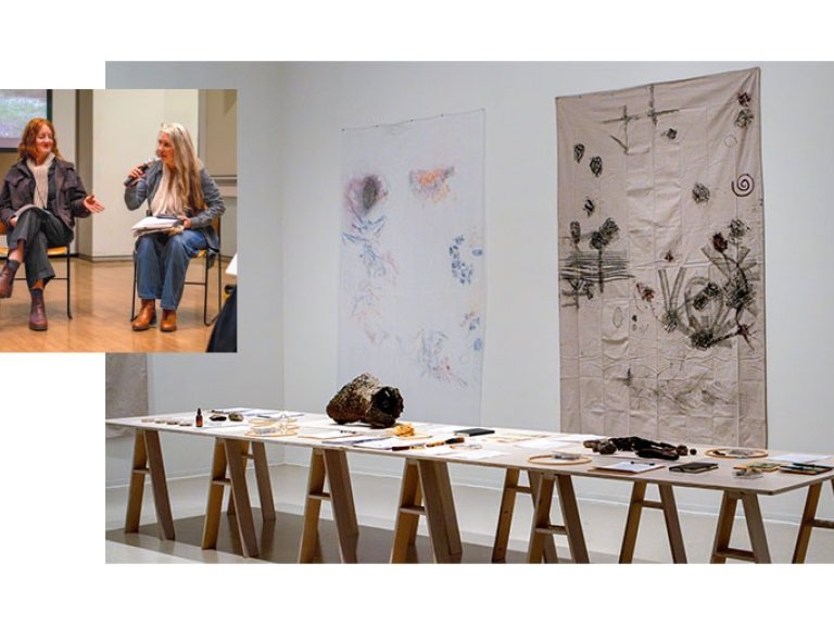a view of the field studio event with several multidisciplinary works of art superimposed by a shot of two women speaking at a lecture.