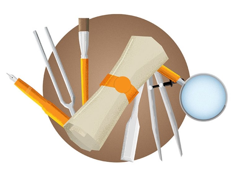 an illustration showing a pen, tune fork, paint brush, scroll, chisel, compass, and magnifying glass.