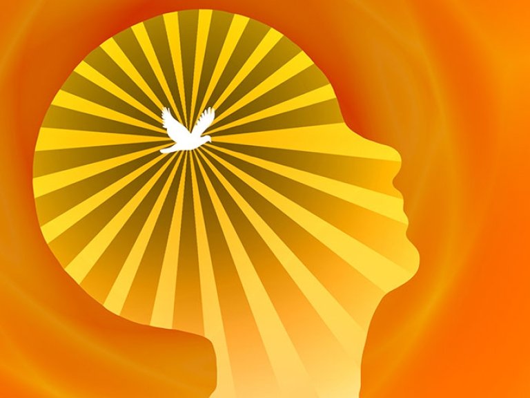 A dove radiates light inside a person's head