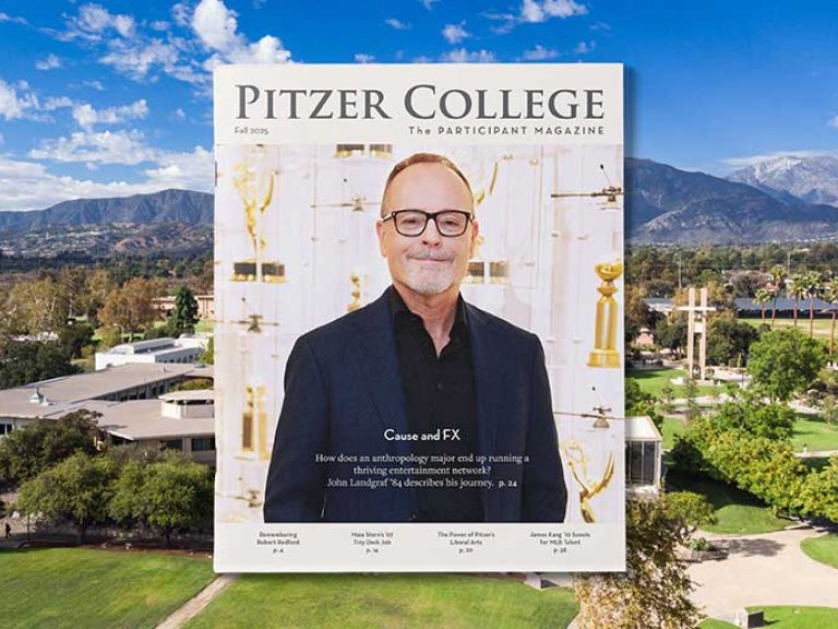 cover of the fall 2025 participant issue featuring john landgraf superimposed on a drone photo of the Pitzer College campus