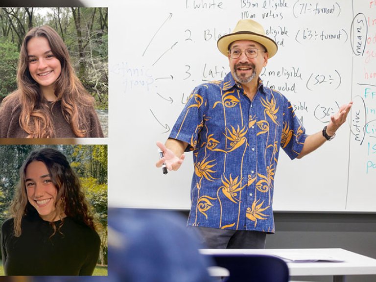 headshots of Journey Lipscomb ’24, and Sami Gottsegen ’25 collaged next to a photo of adrian pantoja teaching in a classroom