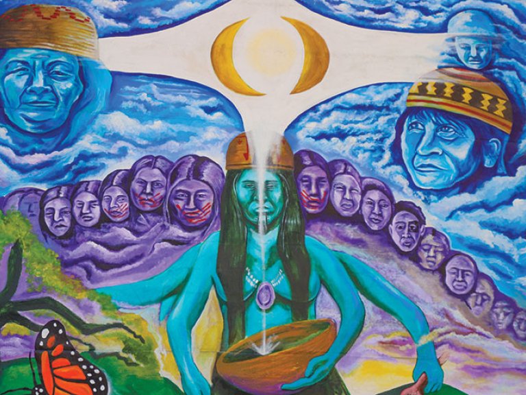 a mural depicting the Tongva story of “No-Moon” and “First-Moon” the twin sisters whose story is used to teach women how to protect and empower each other.