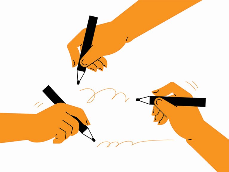 Three hands scribble on a white background