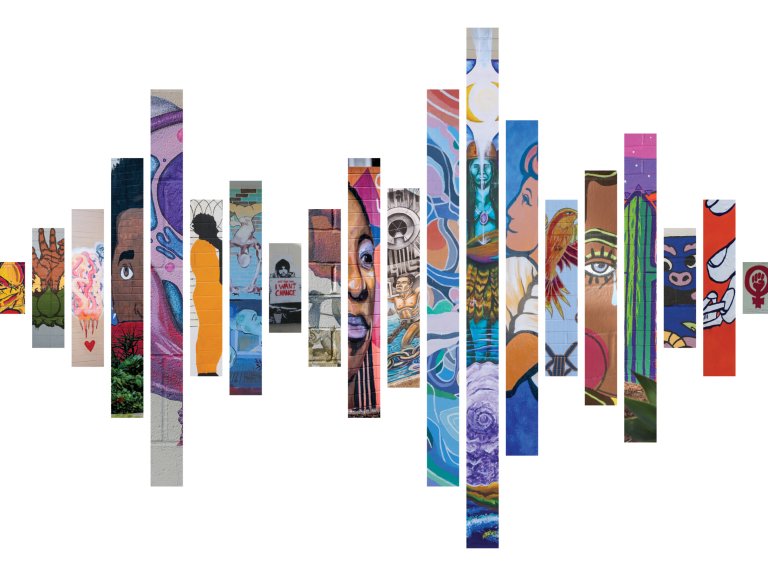 vertical lines with details of different mural paintings in each