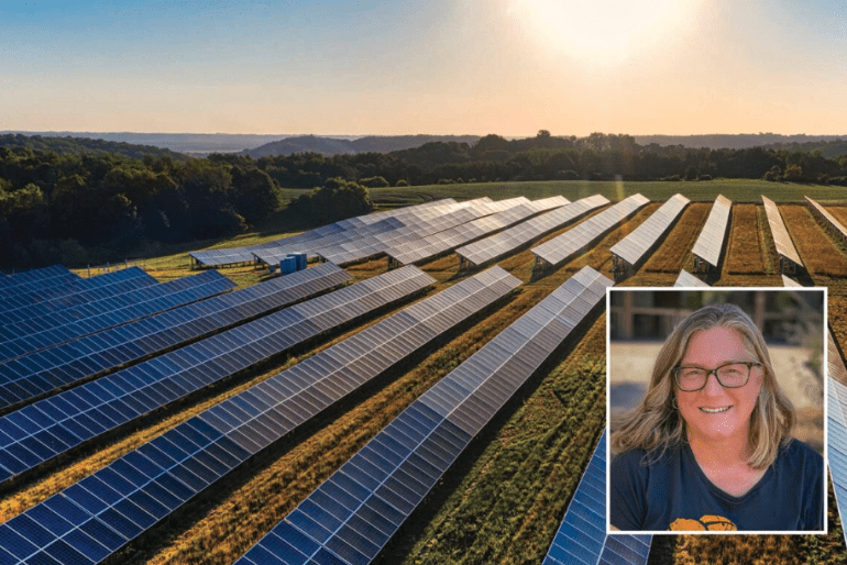 Solar panels and farmland with inset photo of Susan Phillips
