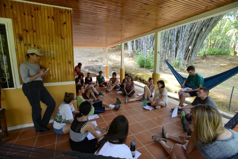 Students meet outside at Pitzer's Firestone Center for Restoration Ecology in Costa Rica