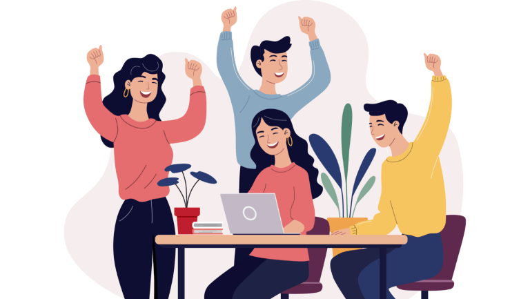 A group of colleagues are cheering and celebrating an accomplishment