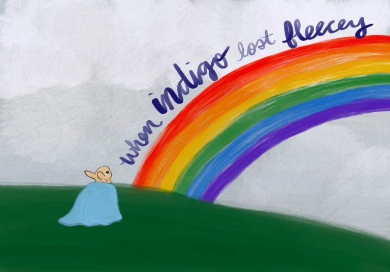 A bookcover showing a rabbit draped in a blanket looking to the right at a vivid rainbow
