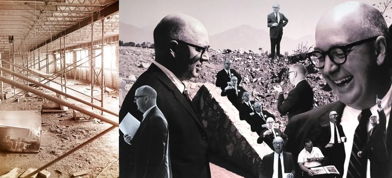 A photo composite of a monochromatic photo on the left of a building under construction and a collage of John Atherton on the right.