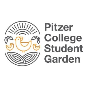 Pitzer College Student Garden logo of a line illustration of chickens, a sun, and leaves.