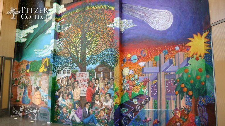 Virtual Background of Pitzer Past, Present, Future Mural in Stein Atrium