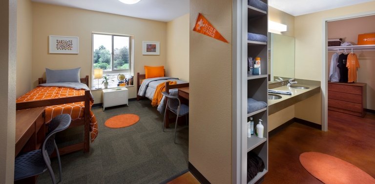 a view of a pitzer double room with two twin beds, a bathroom, closets, and storage