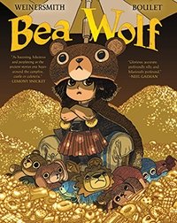 cover for "Bea Wolf" depicting a girl wearing a bear costume sitting on piles of gold