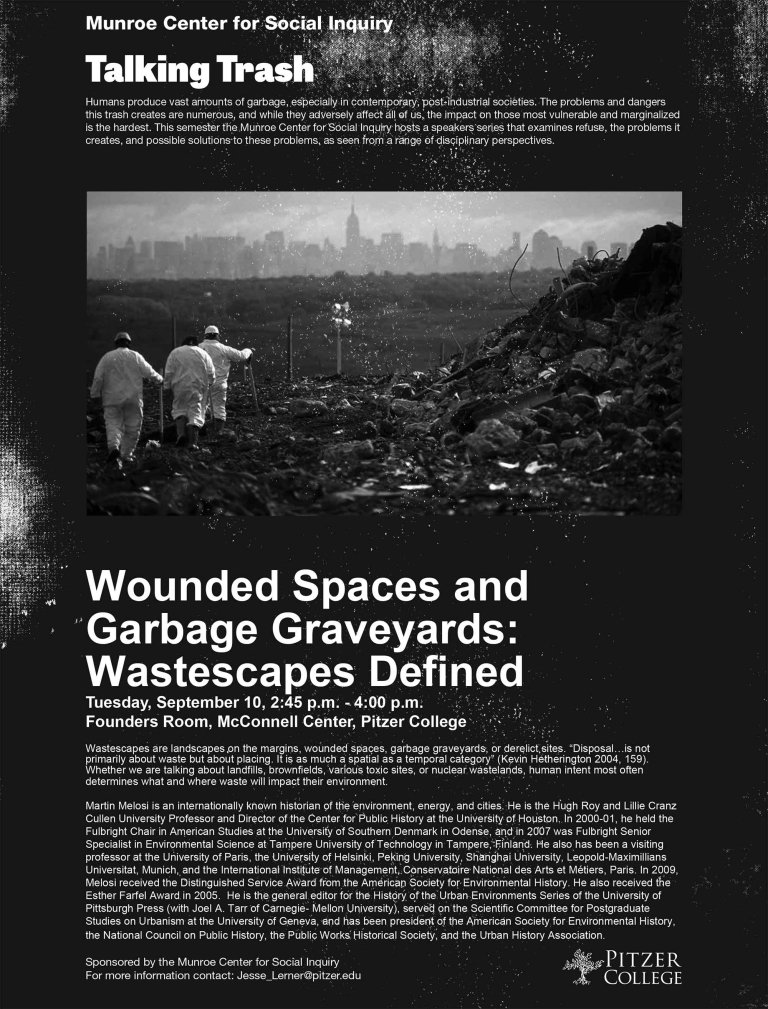 poster for "Wounded Spaces and Garbage Graveyards" featuring three men walking through a garbage dump with a city skyline in the distance