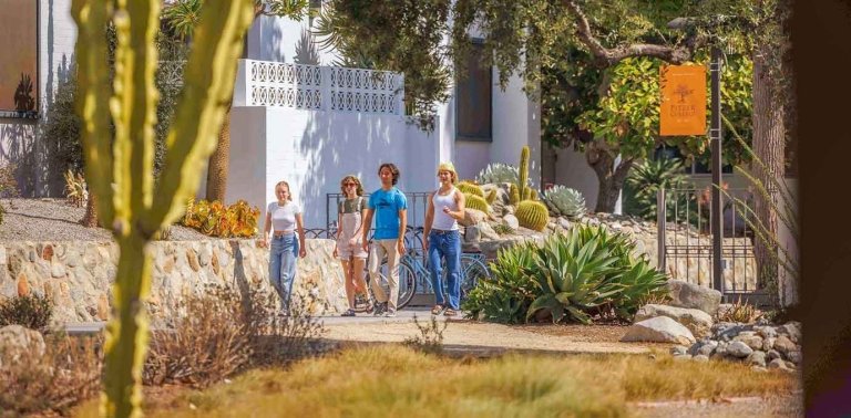 four students walk past holden garden near mead