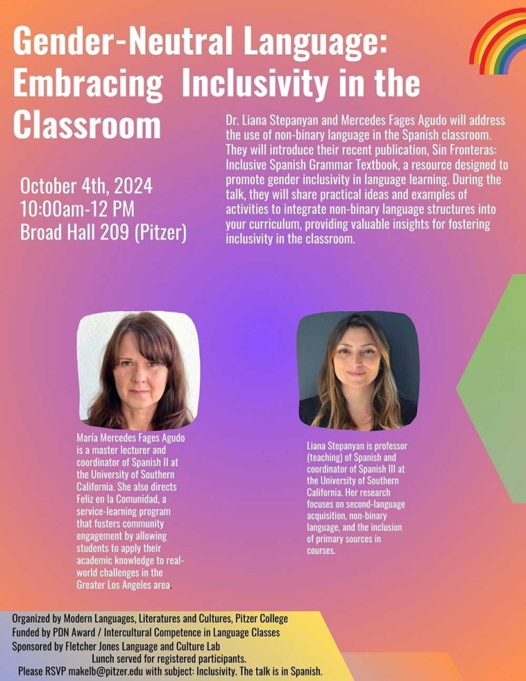 a colorful poster with the title: Gender-Neutral Language: Embracing Inclusivity in the Classroom. Photos of the two speakers are listed at the bottom