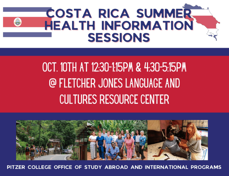 a flyer for the costa rica summer health program, featuring students in various environments in the program. Full details in body of event text.