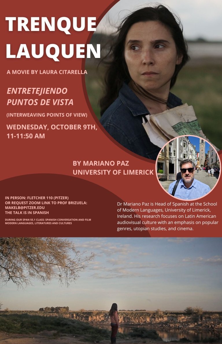 a poster for a discussion featuring a screenshot of a woman and the portrait of mariano paz